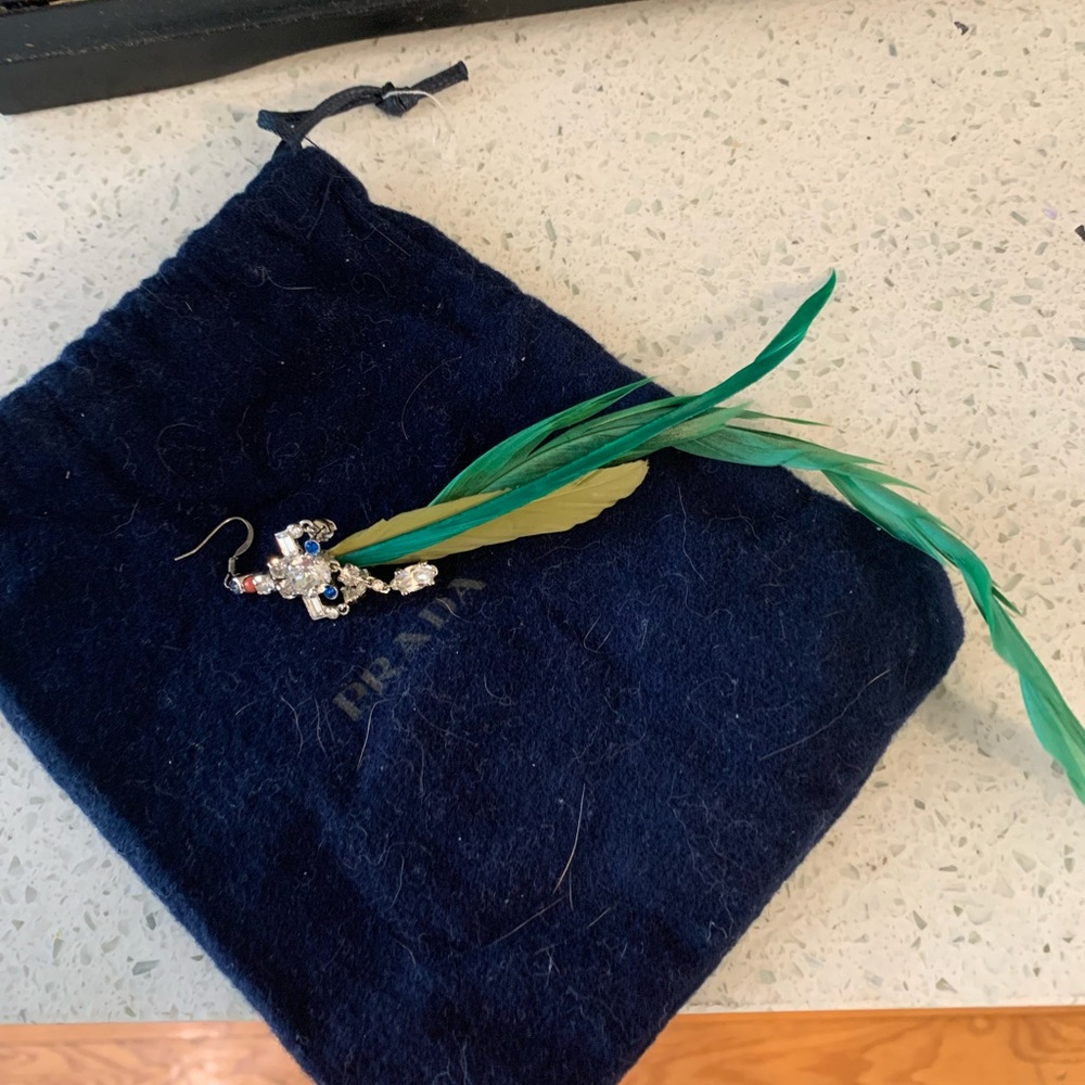 Prada Emerald and Gold Feather Earring with Crystals